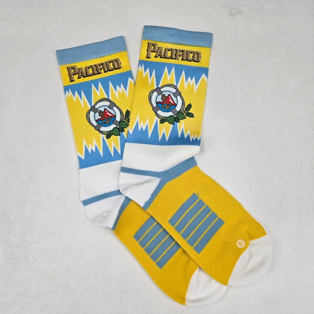 Pacifico Beer Adult Crew Socks Yellow Blue White Anchor Logo Graphic New
